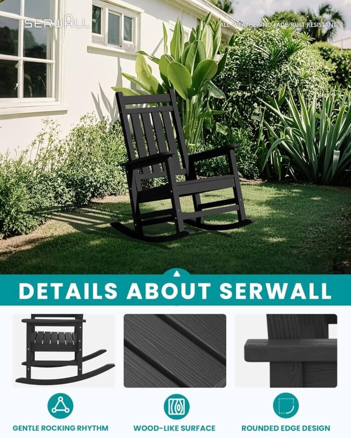 SERWALL SEWALL Oversized Cushioned Outdoor Rocking Chair, HDPE Rocker with Cushion, Patio Rocking Chairs for Porch, Black Chair+Gray Cushion - Image 4