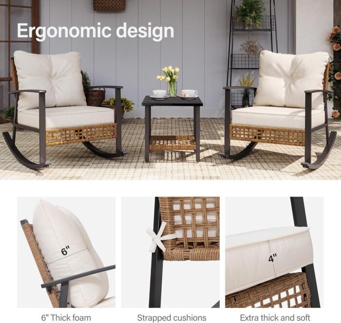 LAUSAINT HOME 3-Piece Rocking Bistro Set, Outdoor Patio Furniture with Thick Cushions and 2-Tier Coffee Table, Oversize Rattan Conversation Set for Garden, Balcony, Backyard (Beige) - Image 3
