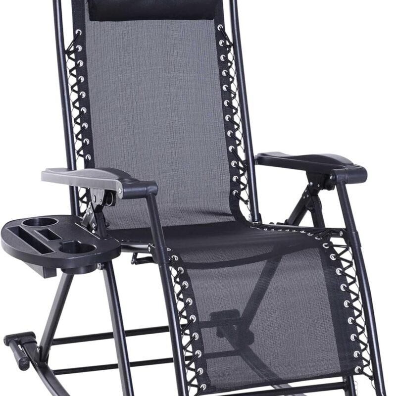 Outsunny Outdoor Rocking Chairs, Foldable Reclining Zero Gravity Lounge Rocker with Pillow, Cup & Phone Holder, Combo Design with Folding Legs, Black