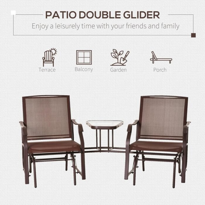 Outsunny Outdoor Glider Chairs with Coffee Table, Patio 2-Seat Rocking Chair Swing Loveseat with Breathable Sling for Backyard, Garden, and Porch, Coffee Brown - Image 6