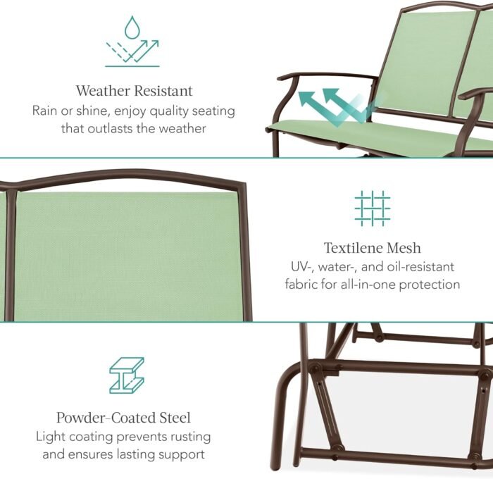 Best Choice Products 2-Person Outdoor Patio Swing Glider Steel Bench Loveseat Rocker for Deck, Porch w/Textilene Fabric, Steel Frame - Sage Green/Brown - Image 5