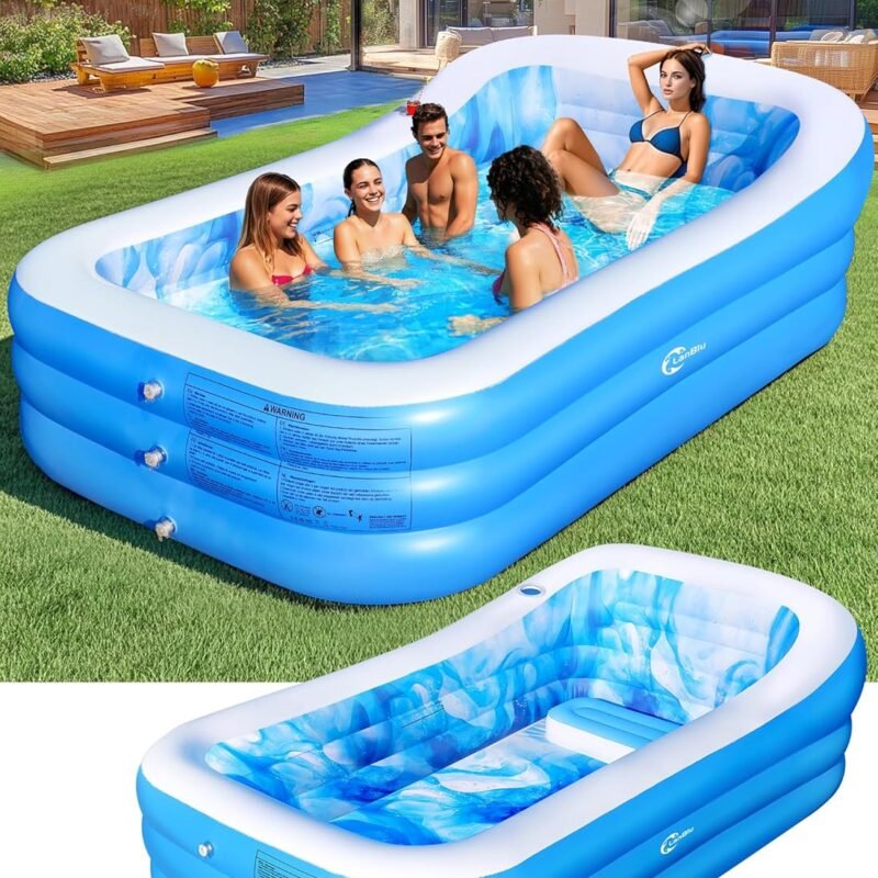 Inflatable Pool with Big Backrest and Seat,Oversized Thickened Large Blow Up Pool for Adults,Inflatable Backyard Pools for Kid and Adult,105"x65"x25"Durable Swimming Pools (LightBlue)