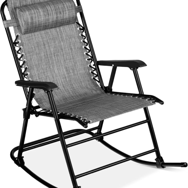 Best Choice Products Outdoor Folding Rocking Chair, Zero Gravity Lounge Chair, Patio Rocker w/Headrest Pillow - Gray