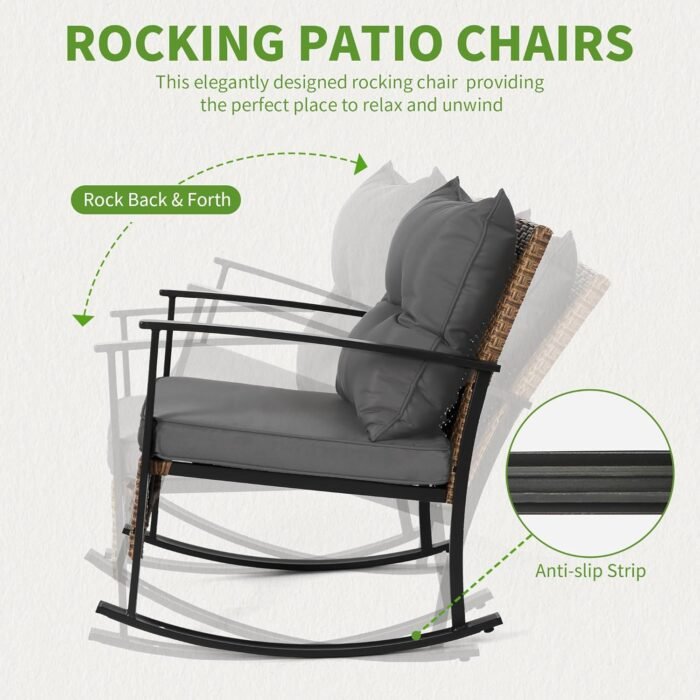 HOMEFUN Outdoor Rocking Chair Set of 2 with Cushions and 2-Tier Coffee Table, Rattan Wicker 3 Pieces Patio Bistro Furniture Sets for Garden, Porch, Balcony, Backyard Grey - Image 2