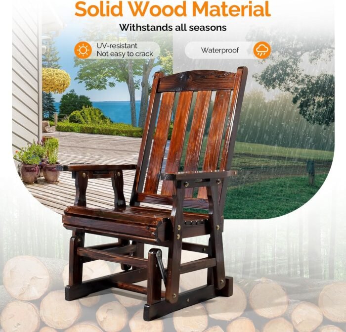 VINGLI Outdoor Glider Chair Wood Patio Glider with Cup Holder, Porch Glider with Smooth Rocking Mechanism, Heavy Duty 600 LBS, Rustic - Image 6