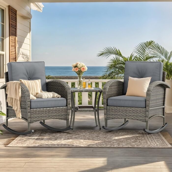 YITAHOME 3-Piece Wicker Rocking Chair Set, Outdoor Patio Furniture Set with Plush Cushions, PE Rattan Bistro Set Including Side Table for Garden, Backyard, Porch, and Patio Use, Grey - Image 2