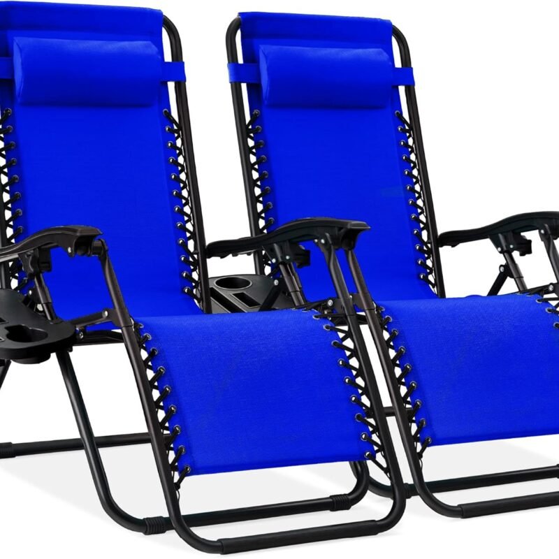 Best Choice Products Set of 2 Adjustable Steel Mesh Zero Gravity Lounge Chair Recliners w/Pillows and Cup Holder Trays - Cobalt Blue