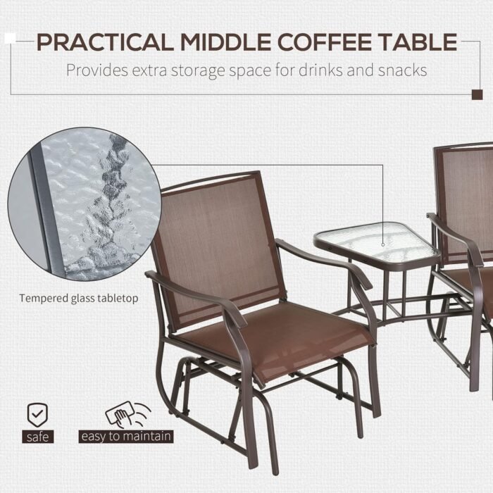 Outsunny Outdoor Glider Chairs with Coffee Table, Patio 2-Seat Rocking Chair Swing Loveseat with Breathable Sling for Backyard, Garden, and Porch, Coffee Brown - Image 4