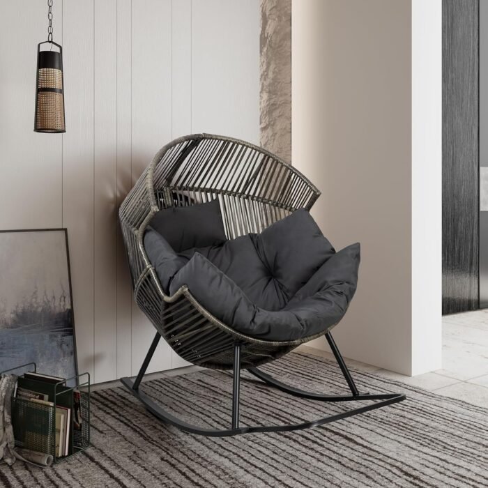 Shintenchi Wicker Egg Chair,Oversized Outdoor Indoor Rocking Chair,Large PE Rattan Rocking Chair with Cushion for Patio, Balcony, Backyard, Garden,Deep Grey - Image 3