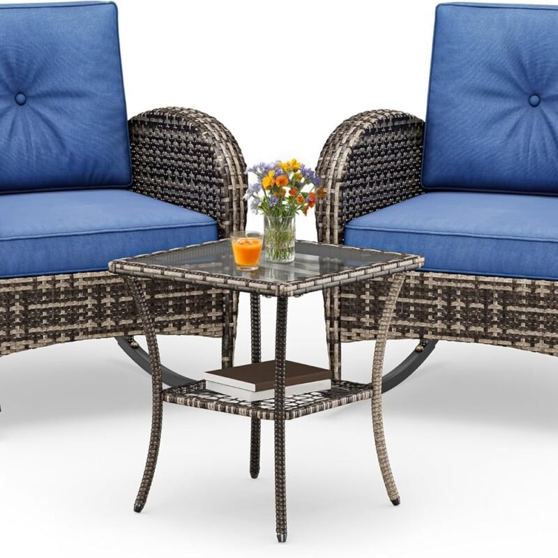 YITAHOME 3-Piece Wicker Rocking Chair Set, Outdoor Patio Furniture Set with Plush Cushions, PE Rattan Bistro Set Including Side Table, Design for Garden, Backyard, Porch, and Patio Use, Blue
