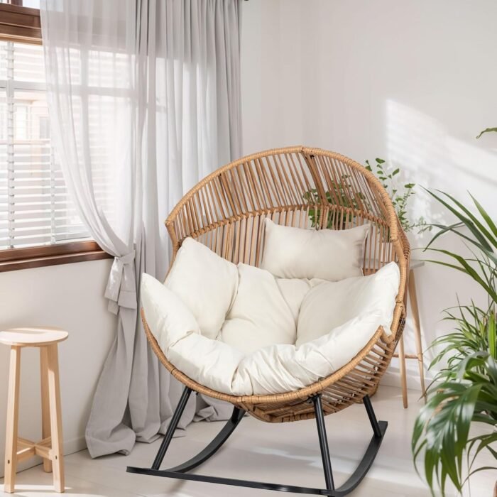 Shintenchi Wicker Egg Chair,Oversized Outdoor Indoor Rocking Chair,Large PE Rattan Rocking Chair with Cushion for Patio, Balcony, Backyard, Garden, Beige - Image 6