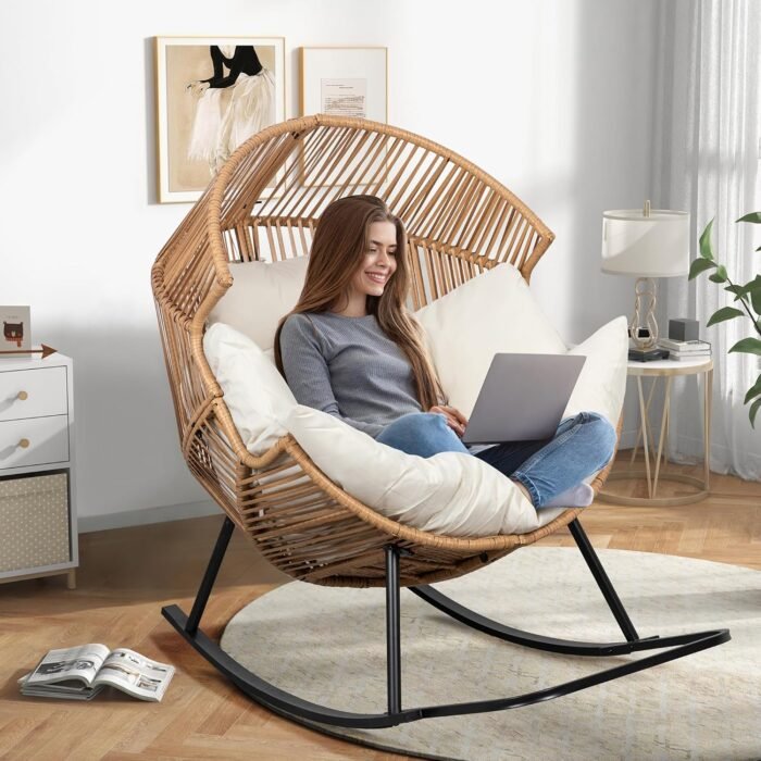 Shintenchi Wicker Egg Chair,Oversized Outdoor Indoor Rocking Chair,Large PE Rattan Rocking Chair with Cushion for Patio, Balcony, Backyard, Garden, Beige - Image 4