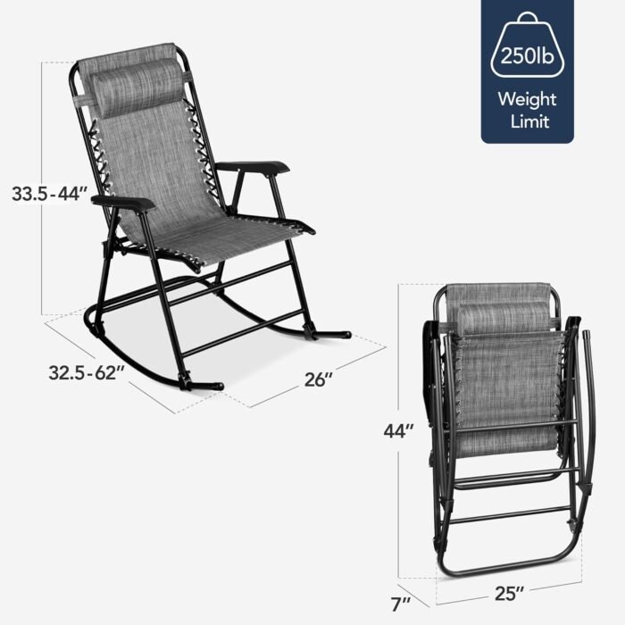 Best Choice Products Outdoor Folding Rocking Chair, Zero Gravity Lounge Chair, Patio Rocker w/Headrest Pillow - Gray - Image 3