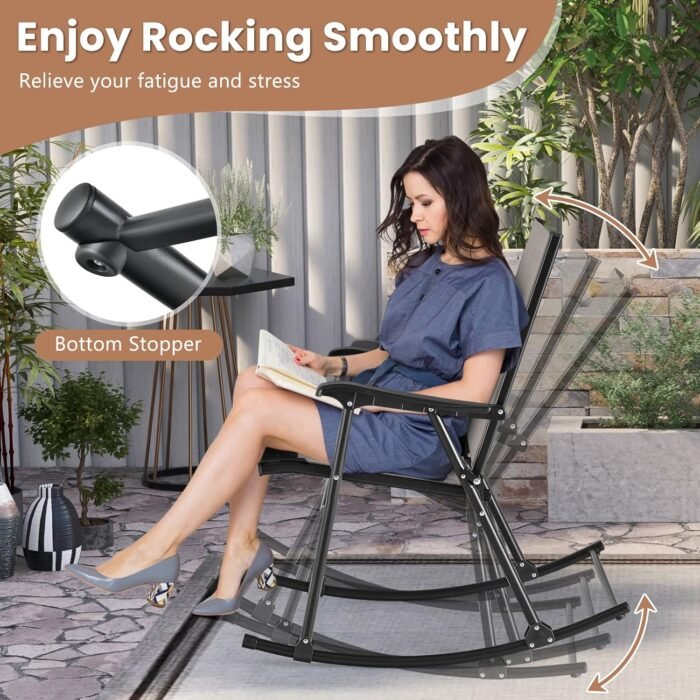 Tangkula Folding Rocking Chairs Set of 2, Patio Rockers with Breathable Seat Fabric & Sturdy Metal Frame, Smooth Rocking Motion, Heavy-Duty Outdoor Rocker for Backyard, Front Porch - Image 5
