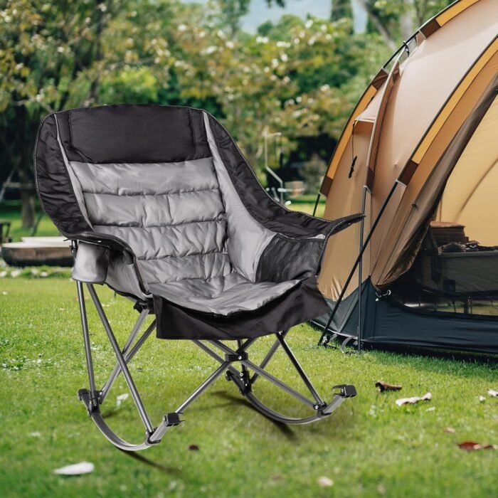 Oversized Rocking Camping Chair for Adults - 400lbs Capacity Padded Camp Chair with Cup Holder, Portable Foldable Outdoor Rocker Chair for Camping, Backyard, Patio (Black & Gray) - Image 2