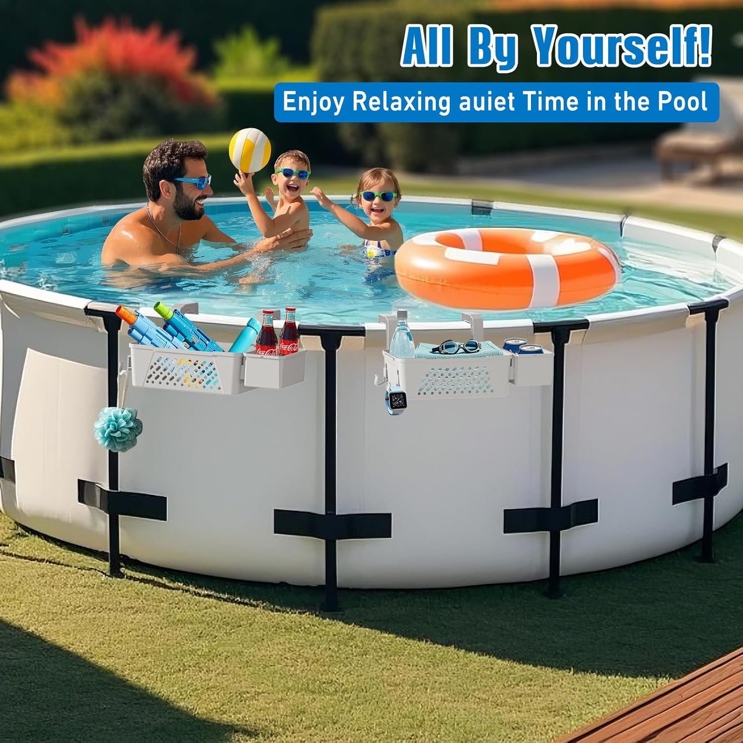 【2025 Upgrade】 2 Sets Poolside Storage Basket with Cup Holders, Above Ground Pool Accessories, Swimming Pool Storage Basket 3-in-1 Functionality, Fits 3 Inch or Less Top Rail ( Beige, 2Pcs ) - Image 6