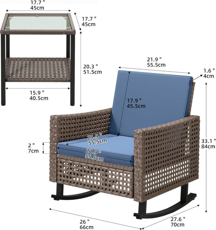 YITAHOME 3 Pieces Patio Furniture Set, Patio Wicker Chairs Outdoor Rocking Chairs Set of 2 with Rattan Side Table, Thickened Cushions, Rocker Patio Chairs Set for Porch, Poolside, and Yard, Blue - Image 7