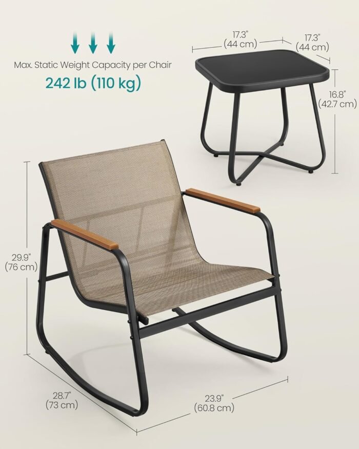 SONGMICS 3-Piece Patio Furniture Set, Garden Coversation Set, 2 Rocking Chairs, Table, Outdoor Lawn Backyard, Steel, with Armrests, Breathable Synthetic Fabric, Yellowish Brown UGGF0027K01 - Image 6