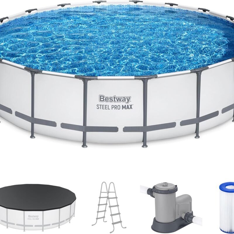Bestway Steel Pro MAX 18 Foot x 48 Inch Round Metal Frame Above Ground Outdoor Swimming Pool Set with 1,000 Filter Pump, Ladder, and Cover