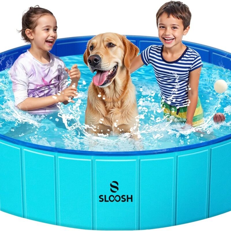 SLOOSH Foldable Dog Kiddie Pool - Portable Hard Plastic Doggie Swimming Pool, Anti-Slip Collapsible Pets Bath Tub Suitable for Kids Indoor Outdoor Backyard Use (63" x 12", Blue)