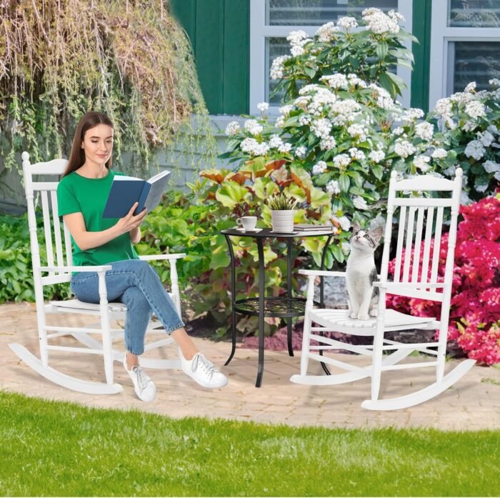 VINGLI 2 PCS Wood Rocking Chair Outdoor with 450 lbs Support, Patio Rocking Chair Set of 2, Solid Wood High Back Seat Reclining Seat for Deck, Garden, Backyard, Porch, Indoor or Outdoor Use, White - Image 2