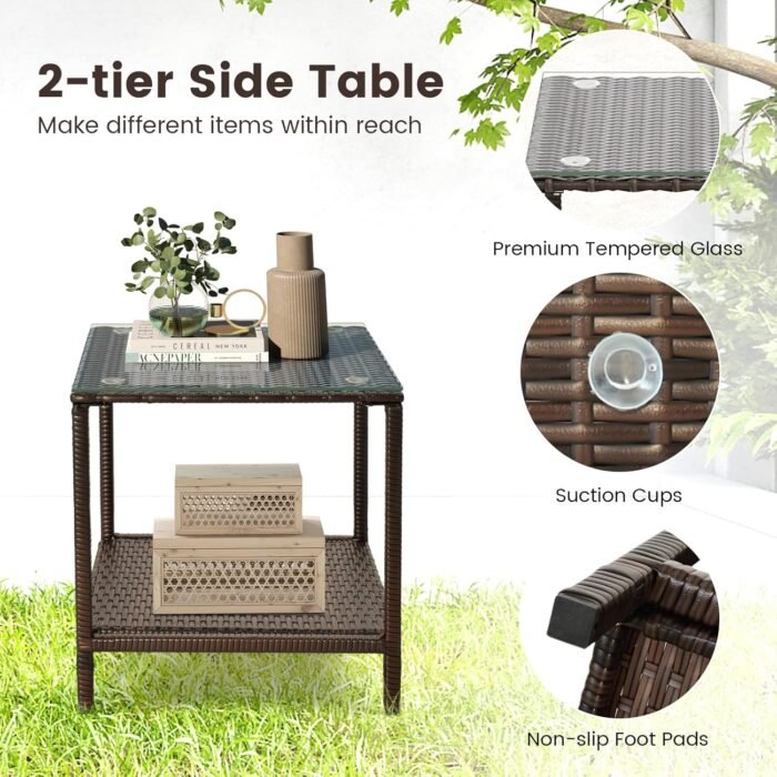 Tangkula 3 Pieces Rocking Wicker Bistro Set, Outdoor Front Porch Rocker Chairs Conversation Set with 2-Tier Tempered Glass Coffee Table and Thick Cushions for Garden, Balcony, Poolside (Off White) - Image 8