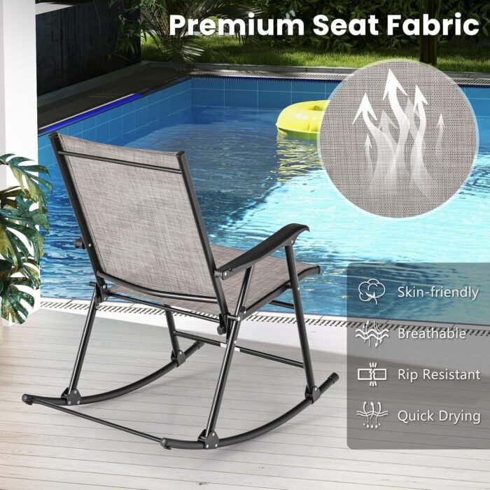 Tangkula Folding Rocking Chairs Set of 2, Patio Rockers with Breathable Seat Fabric & Sturdy Metal Frame, Smooth Rocking Motion, Heavy-Duty Outdoor Rocker for Backyard, Front Porch - Image 8