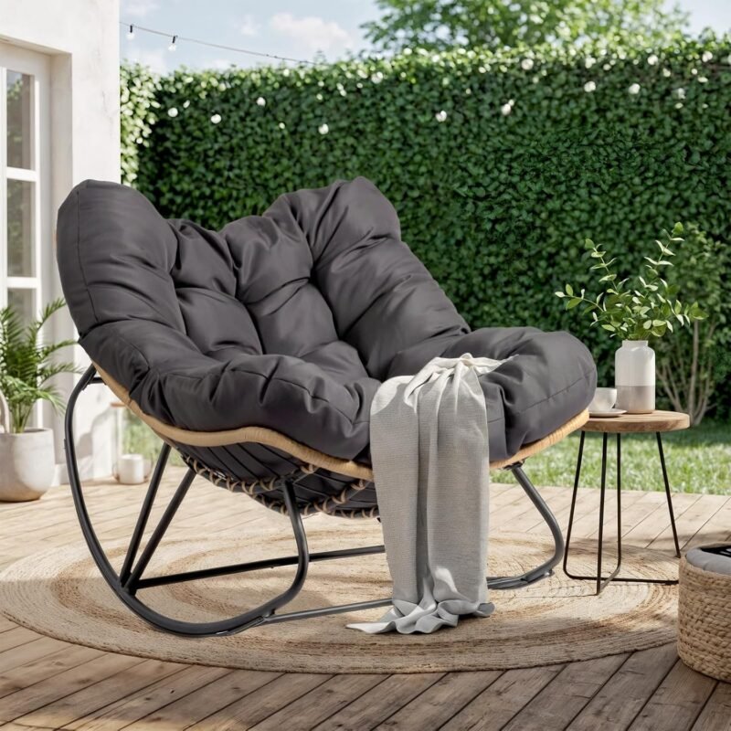 VINGLI Papason Rocking Chair Outdoor, Patio Rocking Chair with Cushion, Comfortable Rocker Weatherproof for Garden, Yard, Outdoor/Indoor, Grey