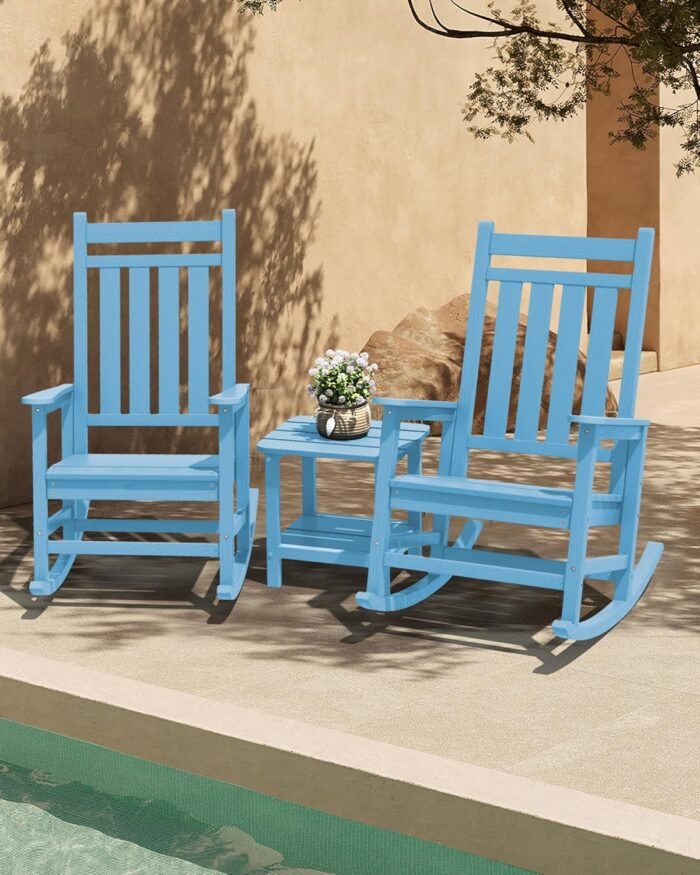 SERWALL Outdoor Rocking Chair Set of 2, HDPE Rocking Chairs for Adult, All Weather Porch Rockers for Lawn Garden, Light Blue - Image 6