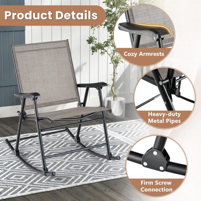 Tangkula Folding Rocking Chairs Set of 2, Patio Rockers with Breathable Seat Fabric & Sturdy Metal Frame, Smooth Rocking Motion, Heavy-Duty Outdoor Rocker for Backyard, Front Porch - Image 7