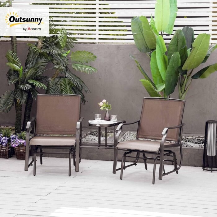 Outsunny Outdoor Glider Chairs with Coffee Table, Patio 2-Seat Rocking Chair Swing Loveseat with Breathable Sling for Backyard, Garden, and Porch, Coffee Brown - Image 2