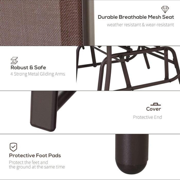 Outsunny Outdoor Glider Chairs with Coffee Table, Patio 2-Seat Rocking Chair Swing Loveseat with Breathable Sling for Backyard, Garden, and Porch, Coffee Brown - Image 5