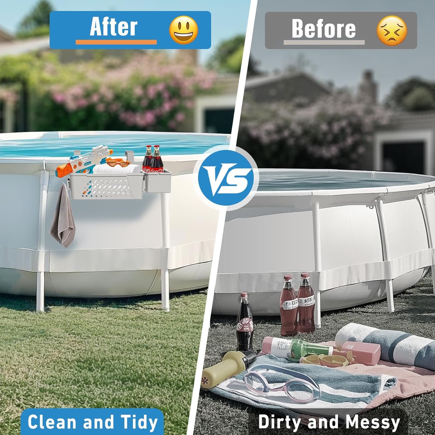 【2025 Upgrade】 2 Sets Poolside Storage Basket with Cup Holders, Above Ground Pool Accessories, Swimming Pool Storage Basket 3-in-1 Functionality, Fits 3 Inch or Less Top Rail ( Beige, 2Pcs ) - Image 2