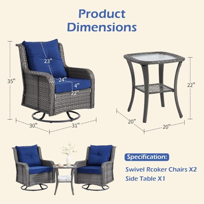 Patio Furniture Sets, 3 Pieces Wicker Outdoor Furniture - 360 Degree Swivel Rocking Chairs and Rattan Side Table for Garden,Porch,Backyard (Grey Wicker/Blue Cushion, 3PCS - Swivel Chairs) - Image 3