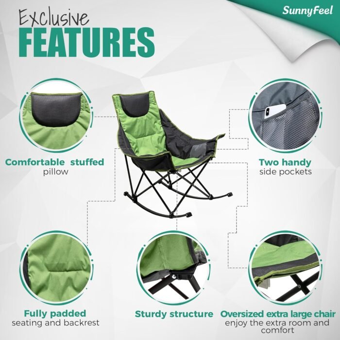 SUNNYFEEL Oversized Rocking Camping Chair, Fully Padded Patio Chair with Side Pocket, High Back Portable Lawn Recliner with Headrest, Outdoor Camp Rocker Chairs for Adults Heavy Duty 500 LBS - Image 6