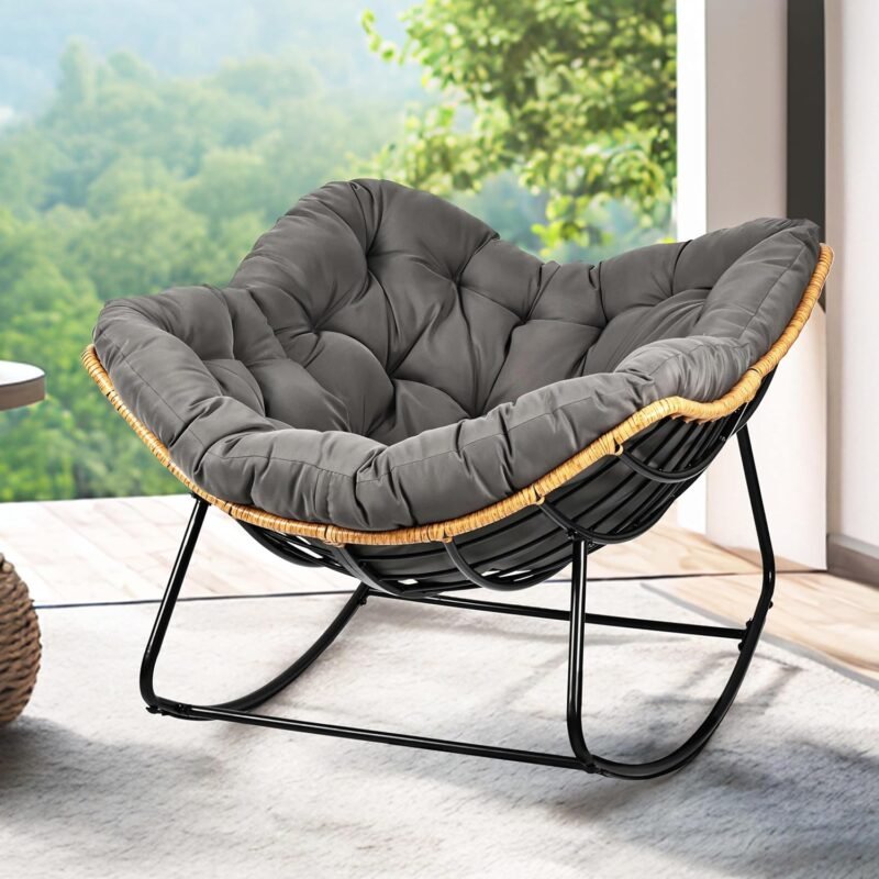 Egg-Shaped Outdoor Rocking Chair, Patio Rocking Chair with Thick Cushion, Modern Indoor Papasan Rocking Chair, Lounge Rocker for Balcony, Living Room, Bedroom, Porch, Lawn, Garden (Gray)