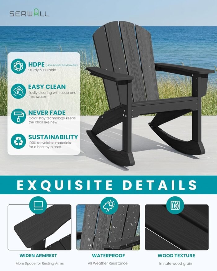 SERWALL Modern Rocking Adirondack Chair, HDPE Outdoor Rocking Chair, All Weather Patio Rocker Chair for Porch, Lawn, Garden, Backyard, Black - Image 5