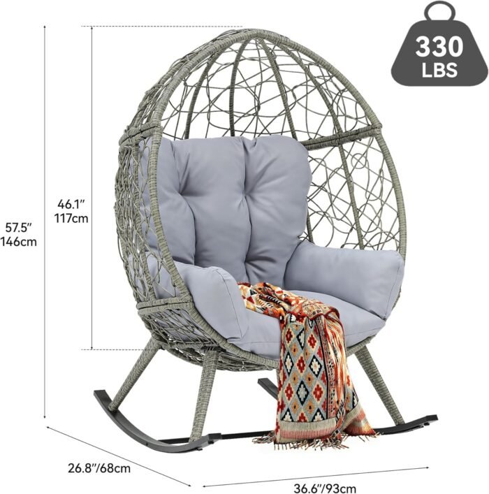 YITAHOME Outdoor Rocking Egg Chair with Cushioned Comfort, Wicker Patio Rocker 250lb Capacity, Anti-Slip, All-Weather Resilient Rattan Design for Indoor & Outdoor Relaxation Spaces, Light Grey - Image 2