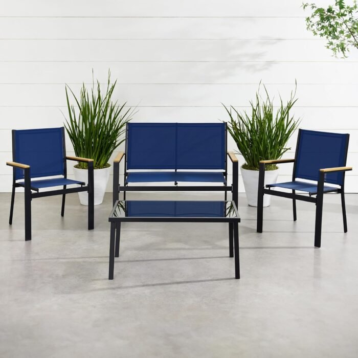 Best Choice Products 4-Piece Outdoor Textilene Patio Conversation Set, Backyard Furniture w/Loveseat, Coffee Table, Steel Frame - Black/Navy - Image 2