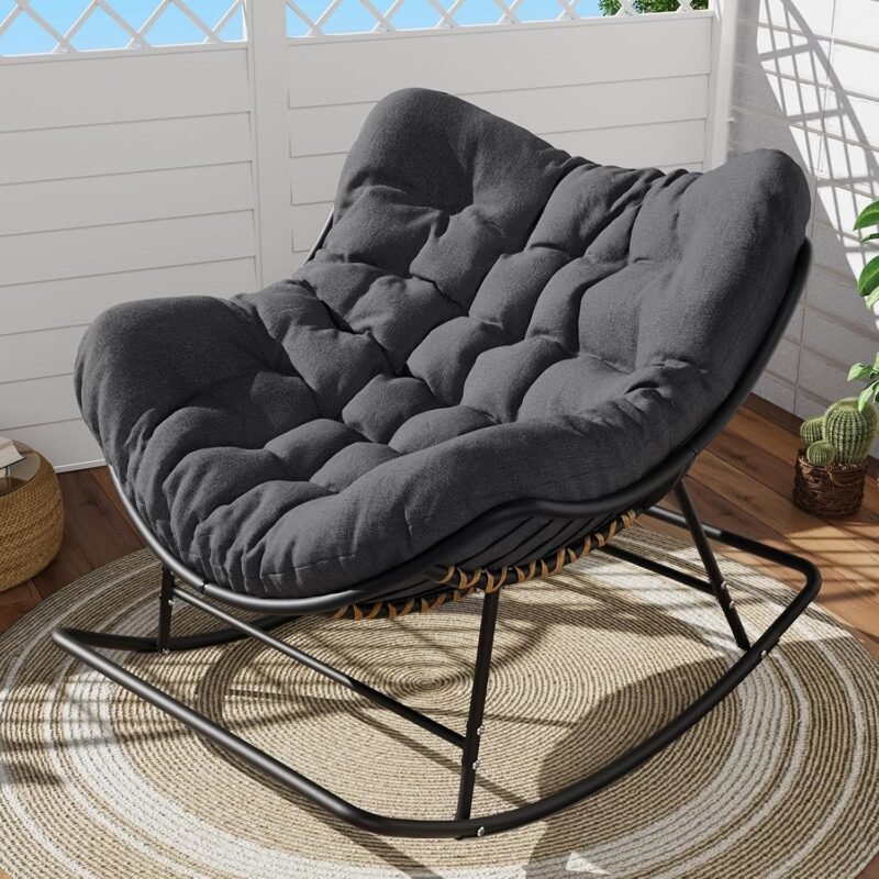 SWITTE Papasan Rocking Chair Outdoor, Indoor Wicker Rocking Chair with Cushion, Oversized Rocker Egg Patio Lounge Chairs - Grey