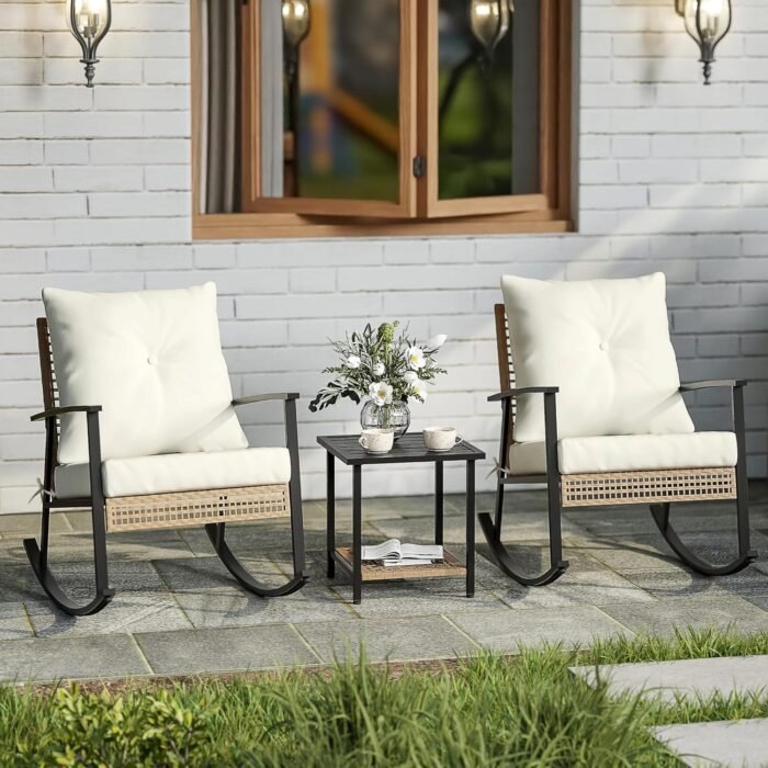 SUNCOZE 3 Piece Patio Furniture Set, Outdoor Rocking Chairs Set of 2 with Coffee Table, Patio Bistro Set Patio Rocking Chair Oversize Rattan Conversation Sets for Garden, Balcony, Backyard - Image 9