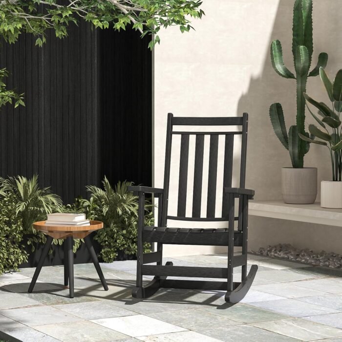 Oversized Outdoor Rocking Chair,All Weather Rocker Chair with More Comfortable Seat Panel for Porch Patio Outside(Black) - Image 2
