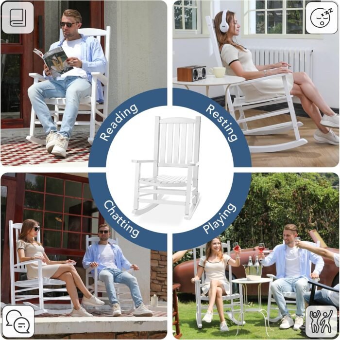Wood Outdoor Rocking Chair, Oversized Patio Rocking Chair w/400lbs Support & High Backrest | Porch, Lawn, Garden, Backyard, Outdoor, Indoor, White - Image 8