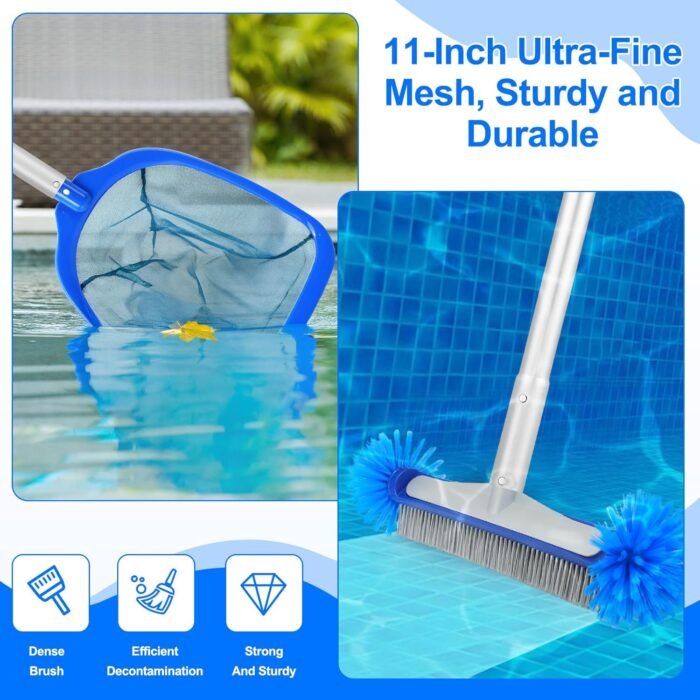 3PCS Swimming Pool Cleaning Kit, Pool Cleaning Tools with 17”Round Pool Brush and Half-Deep Fine Mesh Pool Leaf Skimmer Net & Aluminum Pole 5-Segment for Above Ground Pools, Ponds, Spas, Hot Tubs - Image 6
