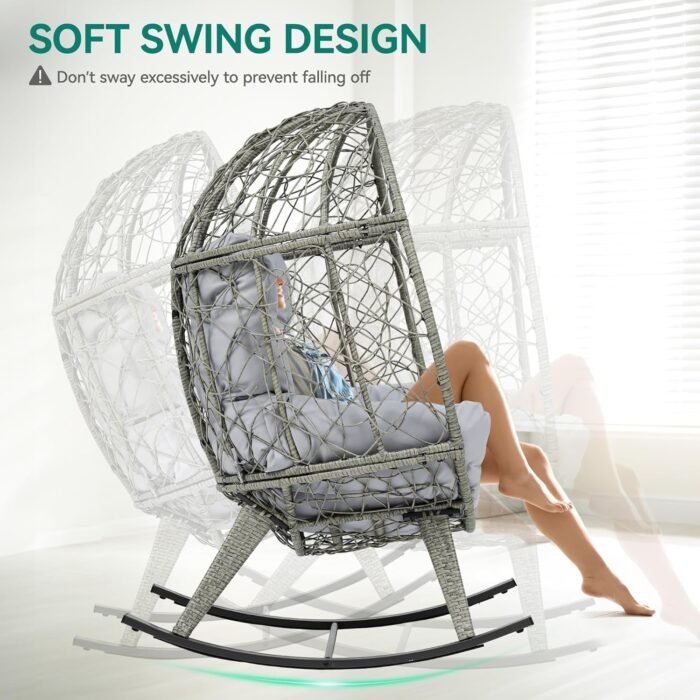 YITAHOME Outdoor Rocking Egg Chair with Cushioned Comfort, Wicker Patio Rocker 250lb Capacity, Anti-Slip, All-Weather Resilient Rattan Design for Indoor & Outdoor Relaxation Spaces, Light Grey - Image 3