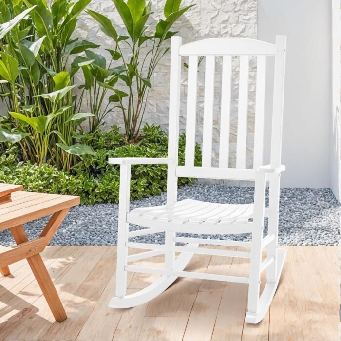 Wood Outdoor Rocking Chair, Oversized Patio Rocking Chair w/400lbs Support & High Backrest | Porch, Lawn, Garden, Backyard, Outdoor, Indoor, White - Image 2