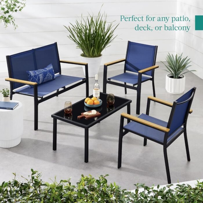 Best Choice Products 4-Piece Outdoor Textilene Patio Conversation Set, Backyard Furniture w/Loveseat, Coffee Table, Steel Frame - Black/Navy - Image 3