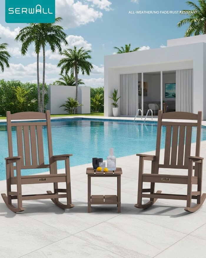 SERWALL Outdoor Rocking Chair Set of 2, HDPE Patio Rocking Chair All-Weather Porch Rocker for Balcony, Yard, Brown - Image 2
