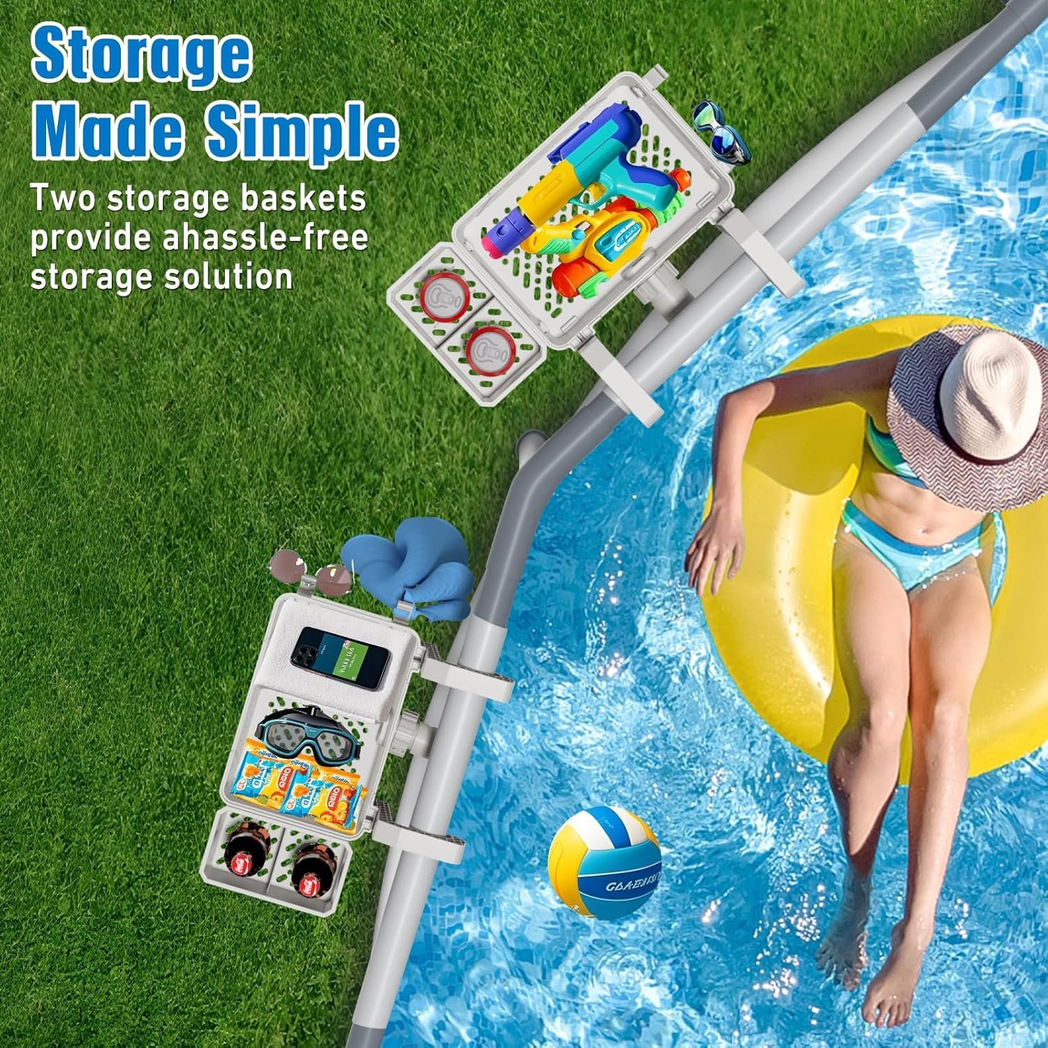 【2025 Upgrade】 2 Sets Poolside Storage Basket with Cup Holders, Above Ground Pool Accessories, Swimming Pool Storage Basket 3-in-1 Functionality, Fits 3 Inch or Less Top Rail ( Beige, 2Pcs ) - Image 3