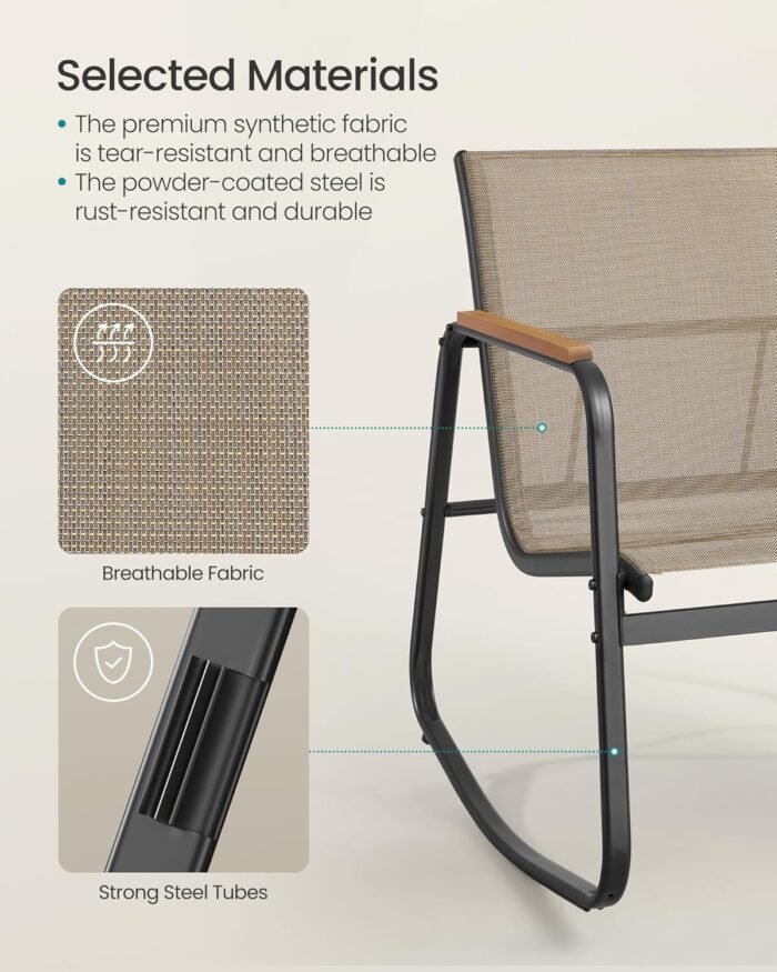 SONGMICS 3-Piece Patio Furniture Set, Garden Coversation Set, 2 Rocking Chairs, Table, Outdoor Lawn Backyard, Steel, with Armrests, Breathable Synthetic Fabric, Yellowish Brown UGGF0027K01 - Image 4